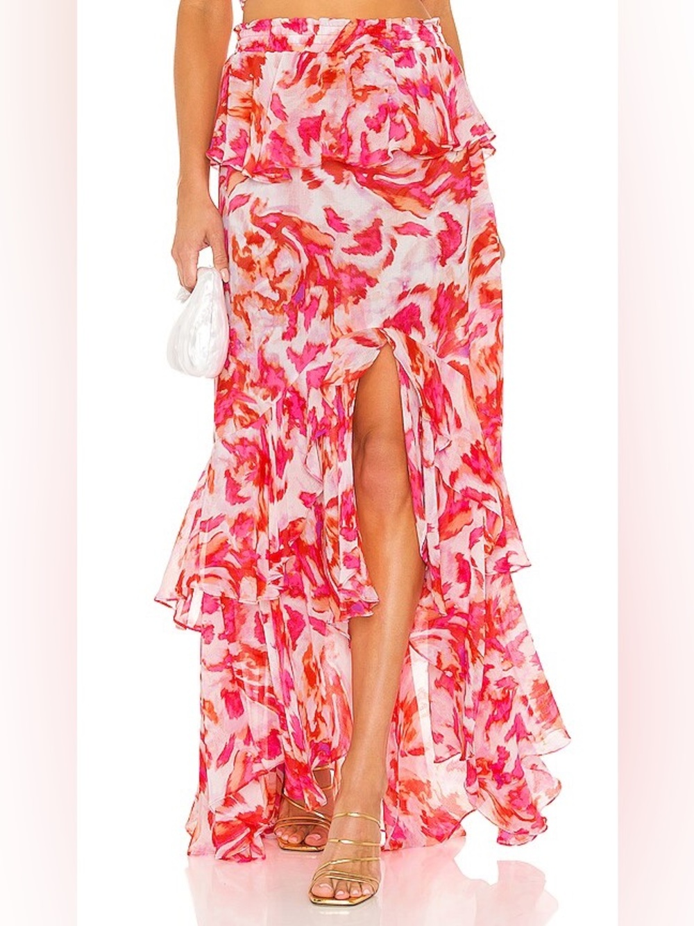 MISA Los Angeles Pink & Red Ruffle High-Slit Maxi Skirt